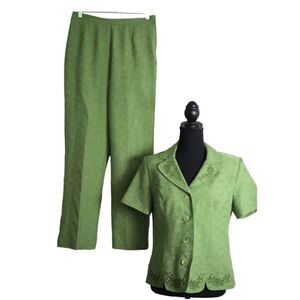 Prophesy Y2K  Green 2 pc Pant Suit Blazer Jacket Short Sleeves Button Size 18W